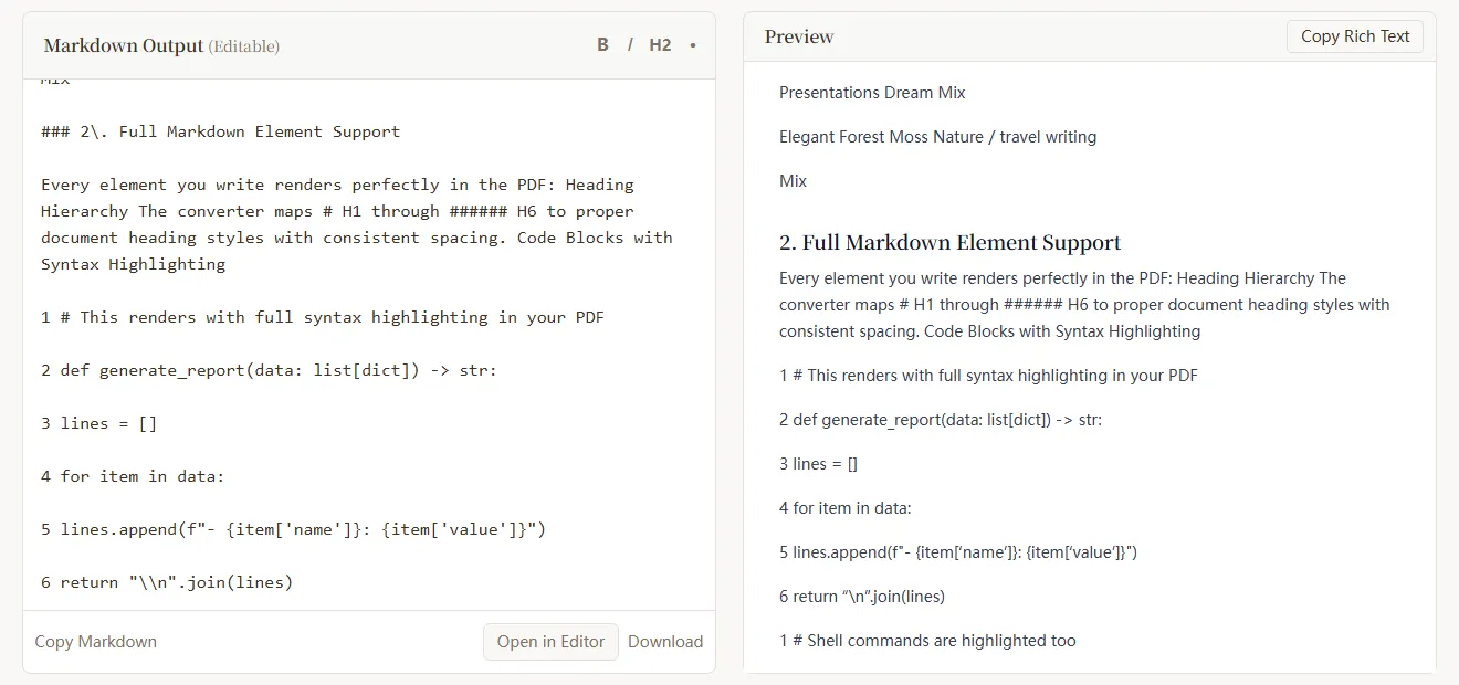 Limitations: tables flattened into lines of text, line numbers mixed into code blocks
