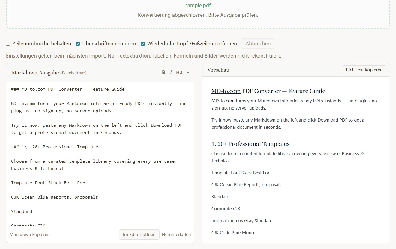 Schritt 2: Markdown-Quelltext links, Live-Vorschau rechts