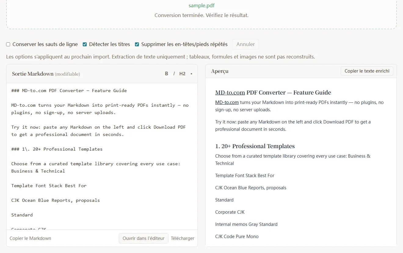 Étape 2 : code Markdown à gauche, aperçu en temps réel à droite
