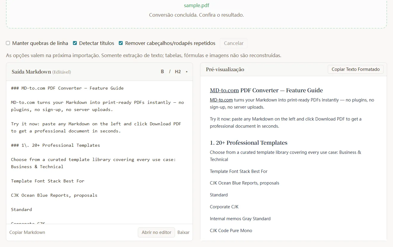 Passo 2: código Markdown à esquerda, pré-visualização em tempo real à direita